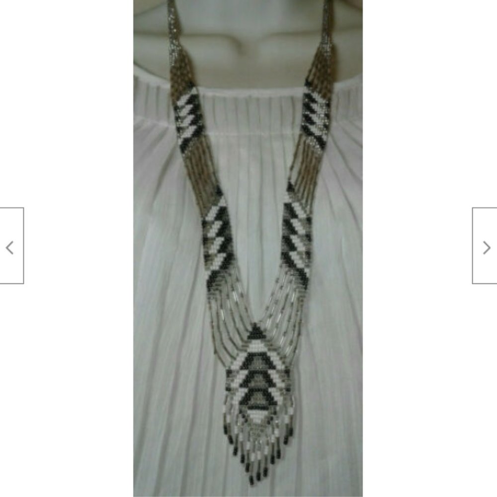 Vintage 1920's Art Deco Bead Silver Black White Bead Sautoir Flapper Necklace
